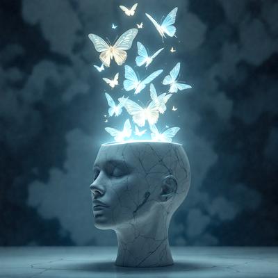 The primary subject of the image is a head with a light shining on it, creating a visual effect that resembles a butterfly. The head is surrounded by a blue background, which adds to the overall mood of the image. The visual style of the image is a combination of photo and digital art, as it appears to be a close-up of a sculpture or a digital illustration. The colors and mood of the image are predominantly blue, creating a calm and serene atmosphere.